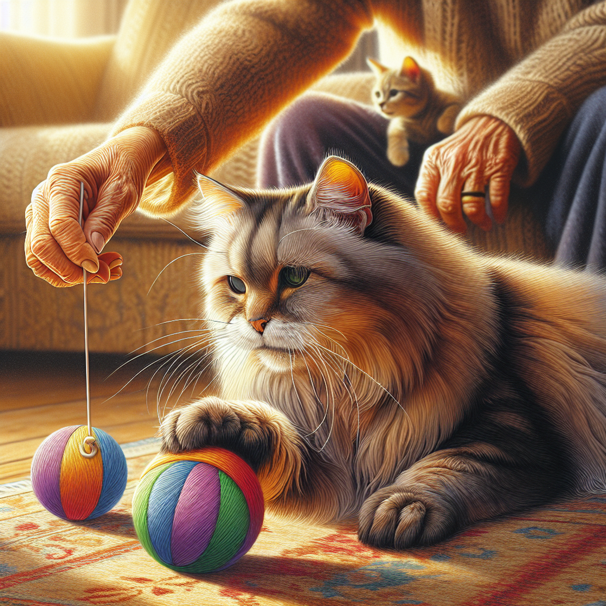 A senior cat with gray and white fur playing with a multicolored ball in a cozy living room.