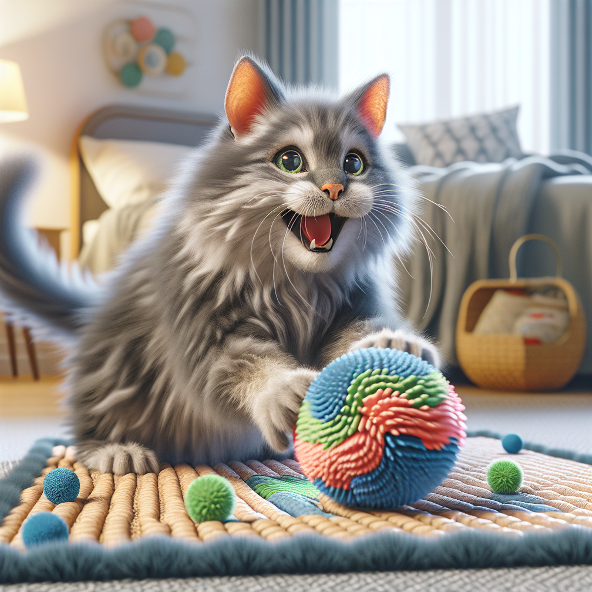 A senior grey cat happily playing with a colorful ball and a crinkly play mat.