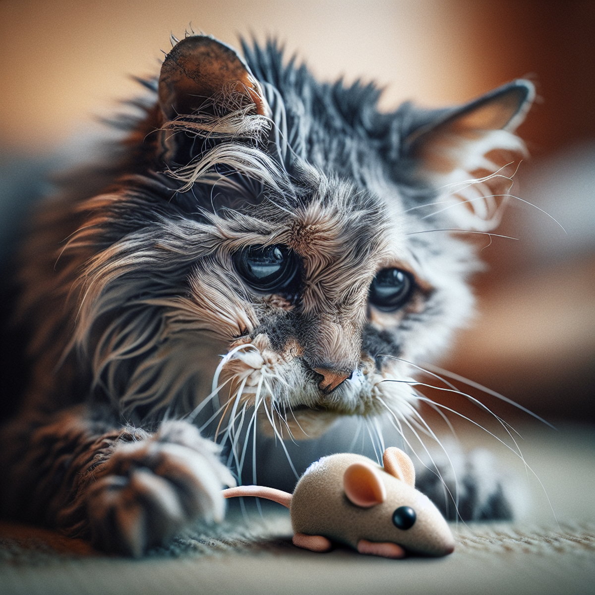 An elderly cat with gray fur and long whiskers playing with a toy mouse, eyes sparkling with interest.