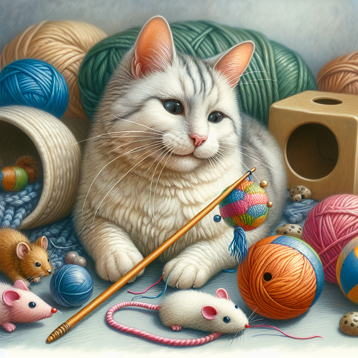 An elderly cat with gray fur surrounded by toys, including a bundle of knitting yarn, a plush mouse, a jingling ball, a feather on a stick, and a cat