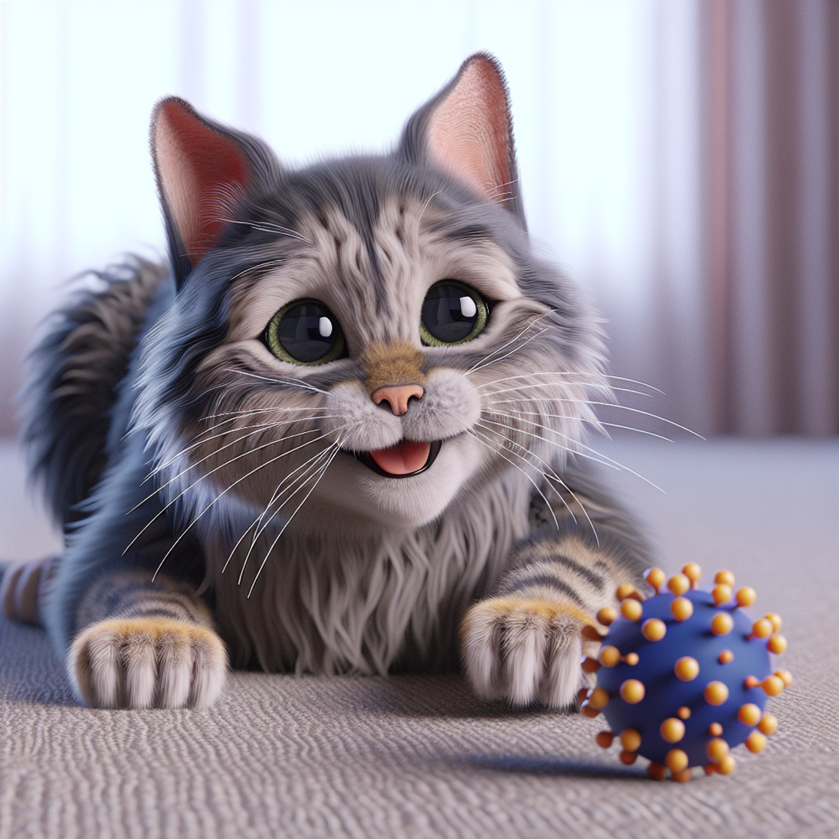 An elderly gray and white cat happily playing with a feather toy.