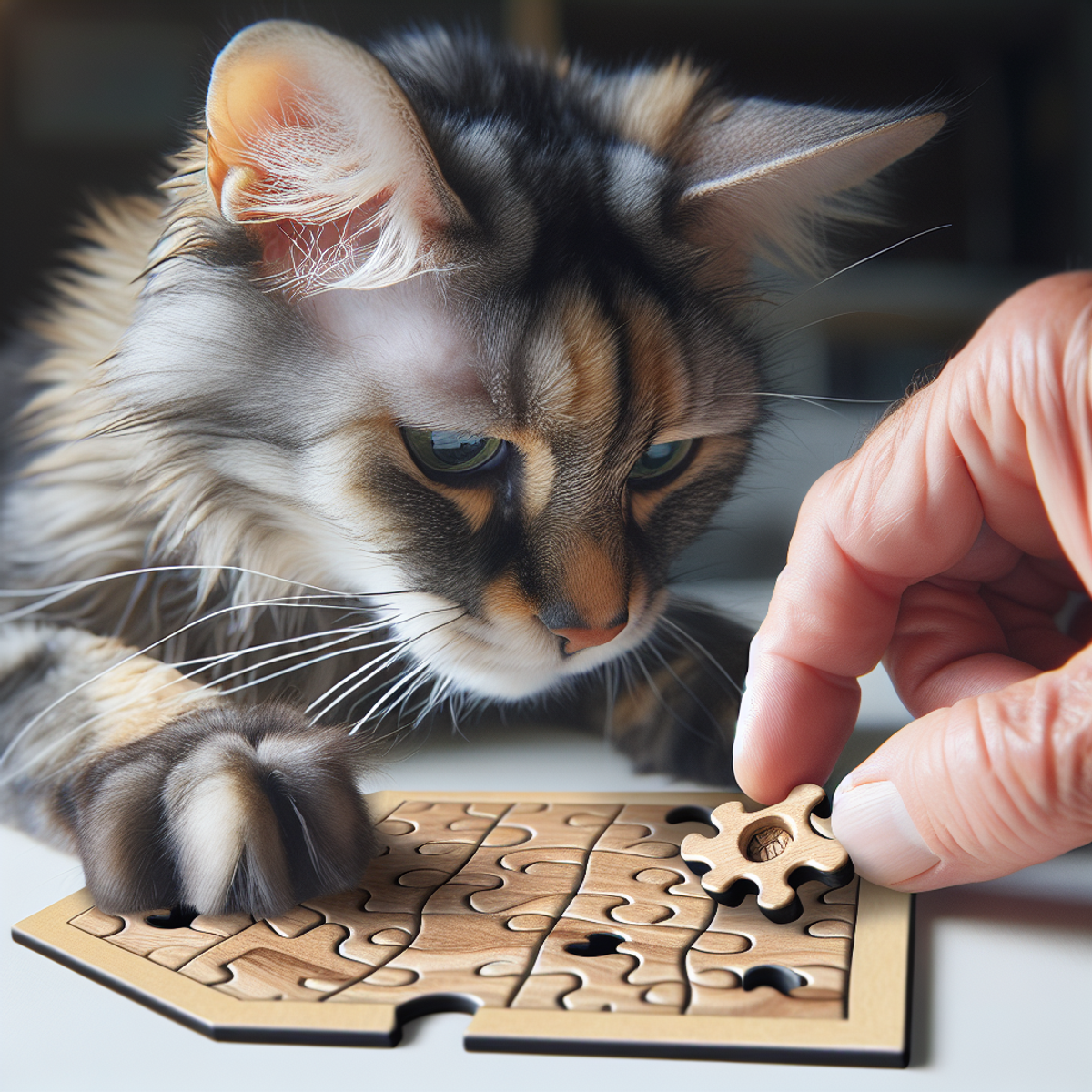 An old cat with gray fur intently playing with a puzzle toy, using its paws and claws to interact with the toy.