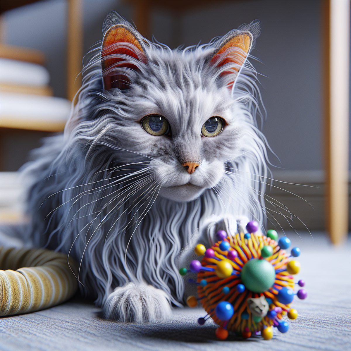 Elderly cat playing with a stimulating toy in a cozy home environment.