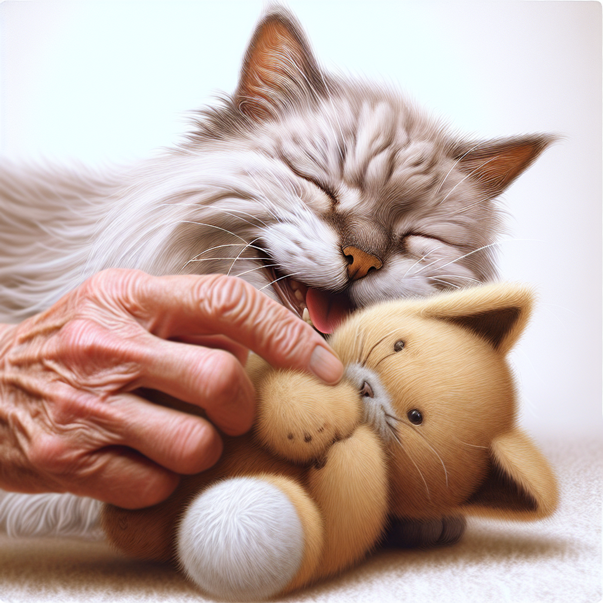 Happy senior cat playing with a soft plush toy.