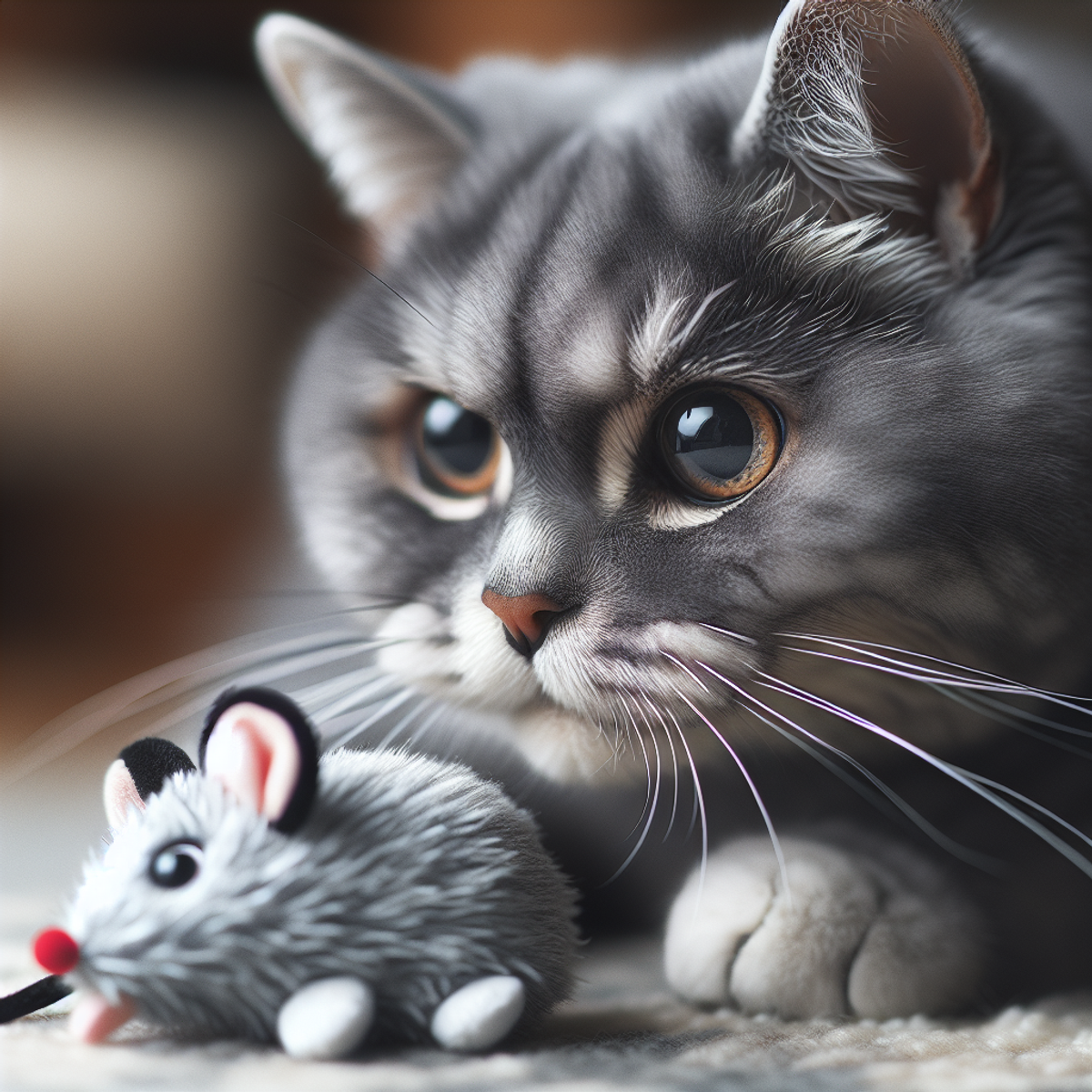 A close-up image of a senior gray cat playing with a mouse-shaped plush toy, showing enthusiasm and focused eyes.