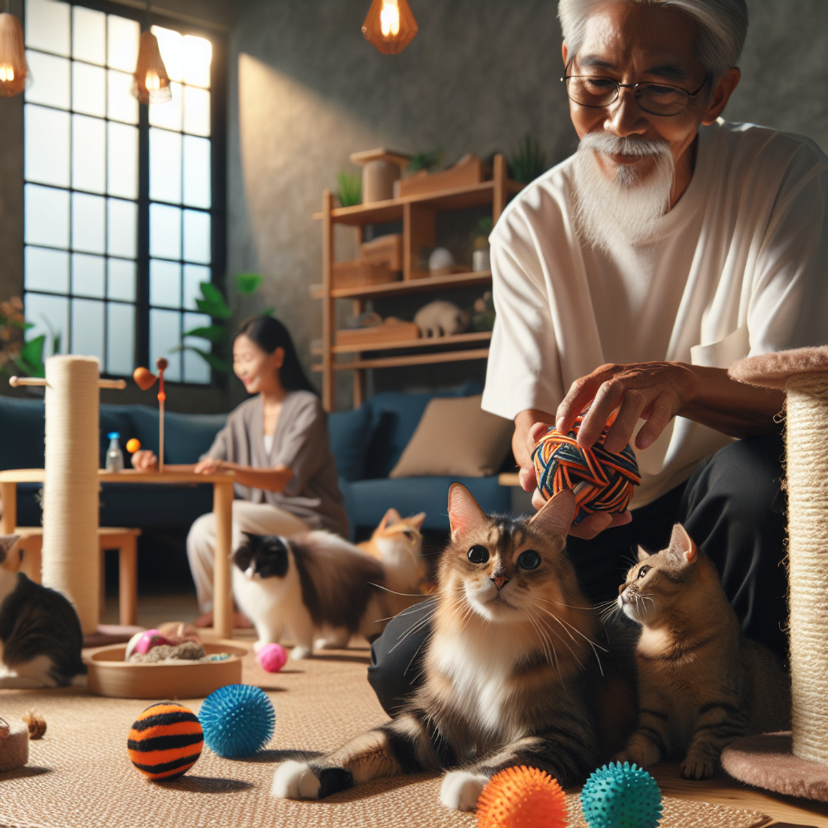 A cozy living room with a variety of senior cats playing with toys and being cared for by diverse human caretakers. An Asian woman is gently stroking