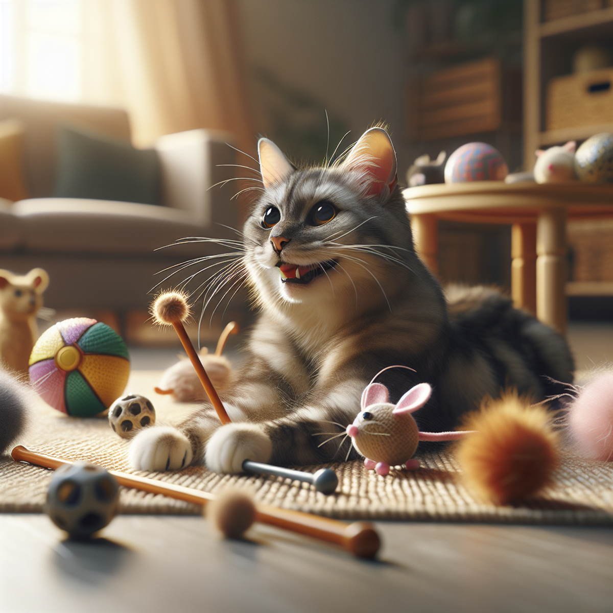 A senior cat happily playing with toys in a cozy living room.