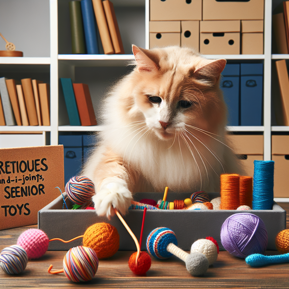 A senior cat playing with homemade toys in a cozy setting.