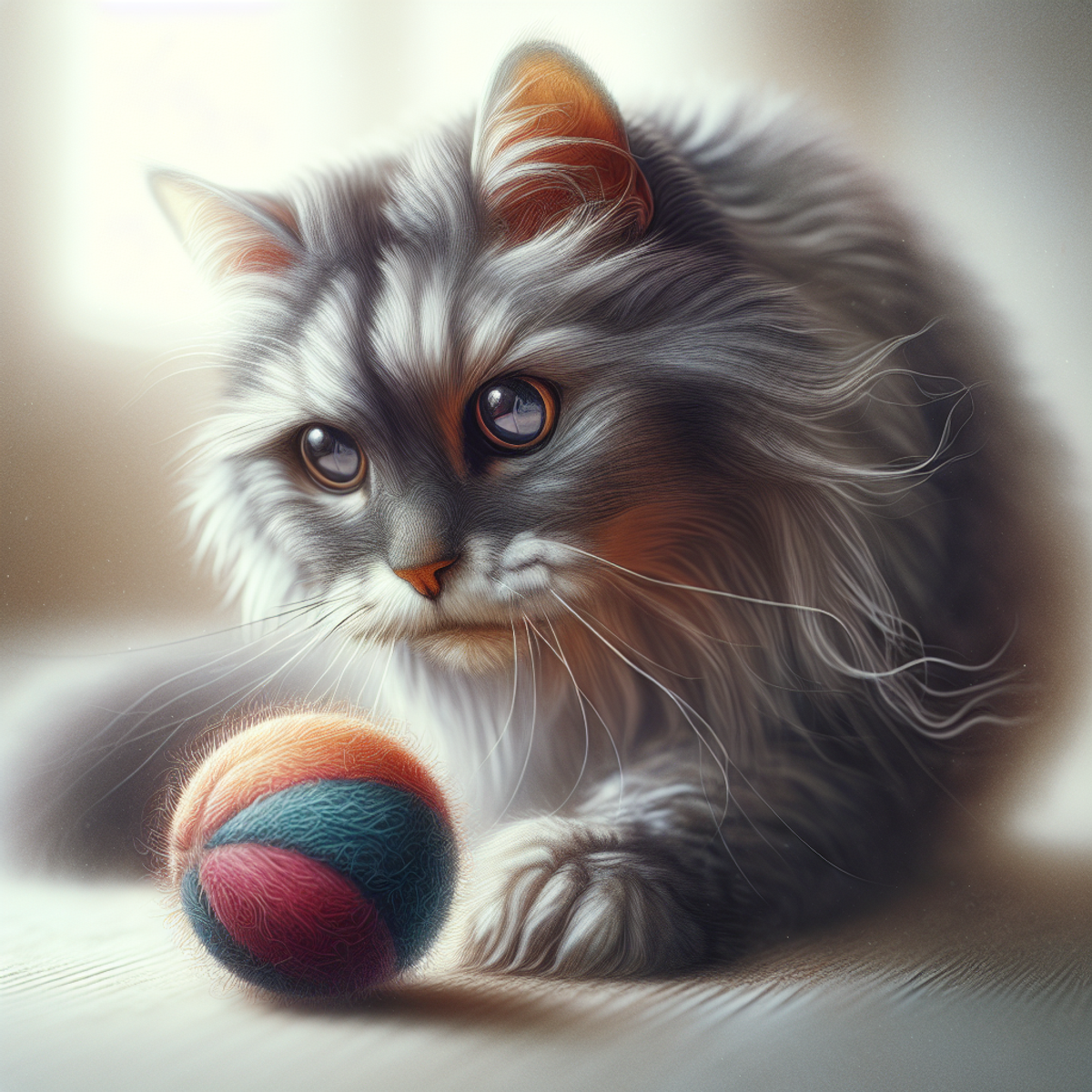 A senior cat with graying fur playing with a colorful ball toy.