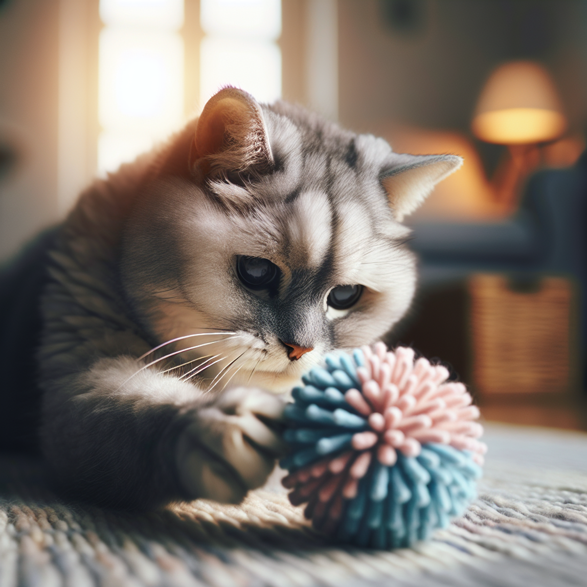 A senior gray cat with wise eyes playing with a soft pastel-colored ball toy in a warm and cozy home interior.