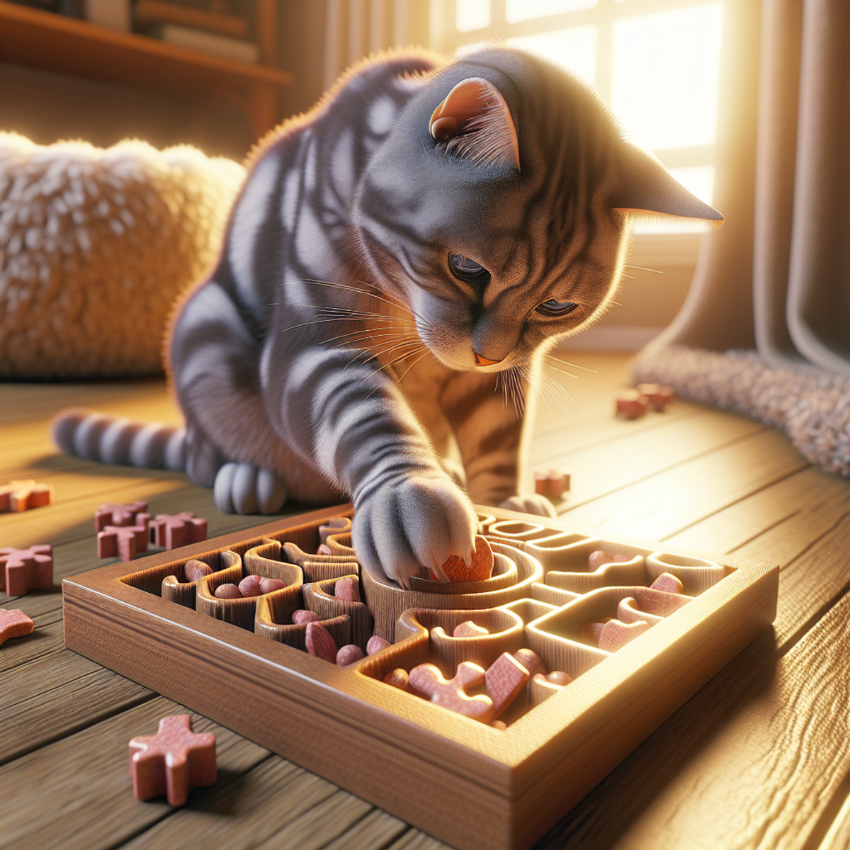 A senior gray tabby cat solving a puzzle toy filled with treats in a cozy sunlit room.