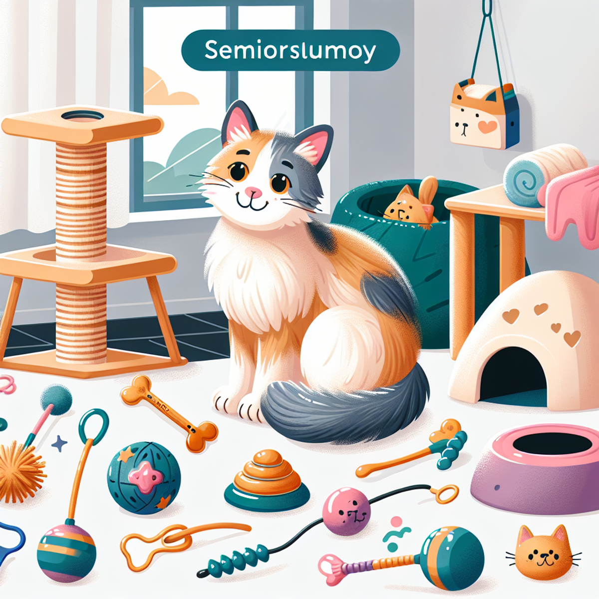 A vibrant digital art representation of a senior cat playing with various toys, symbolizing senior cat stimulation.