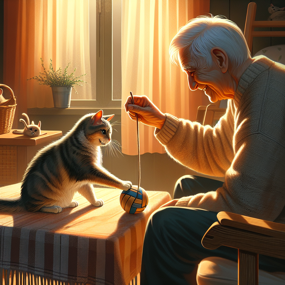 An elderly cat happily playing with a homemade toy, while the subtle presence of its unseen owner adds to the heartwarming atmosphere.