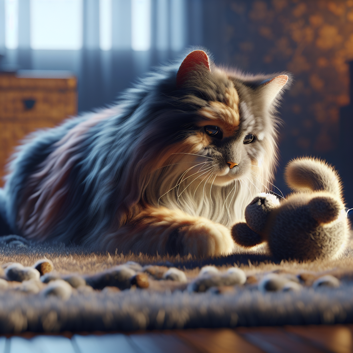 An elderly cat playing with a plush toy in a cozy indoor setting.