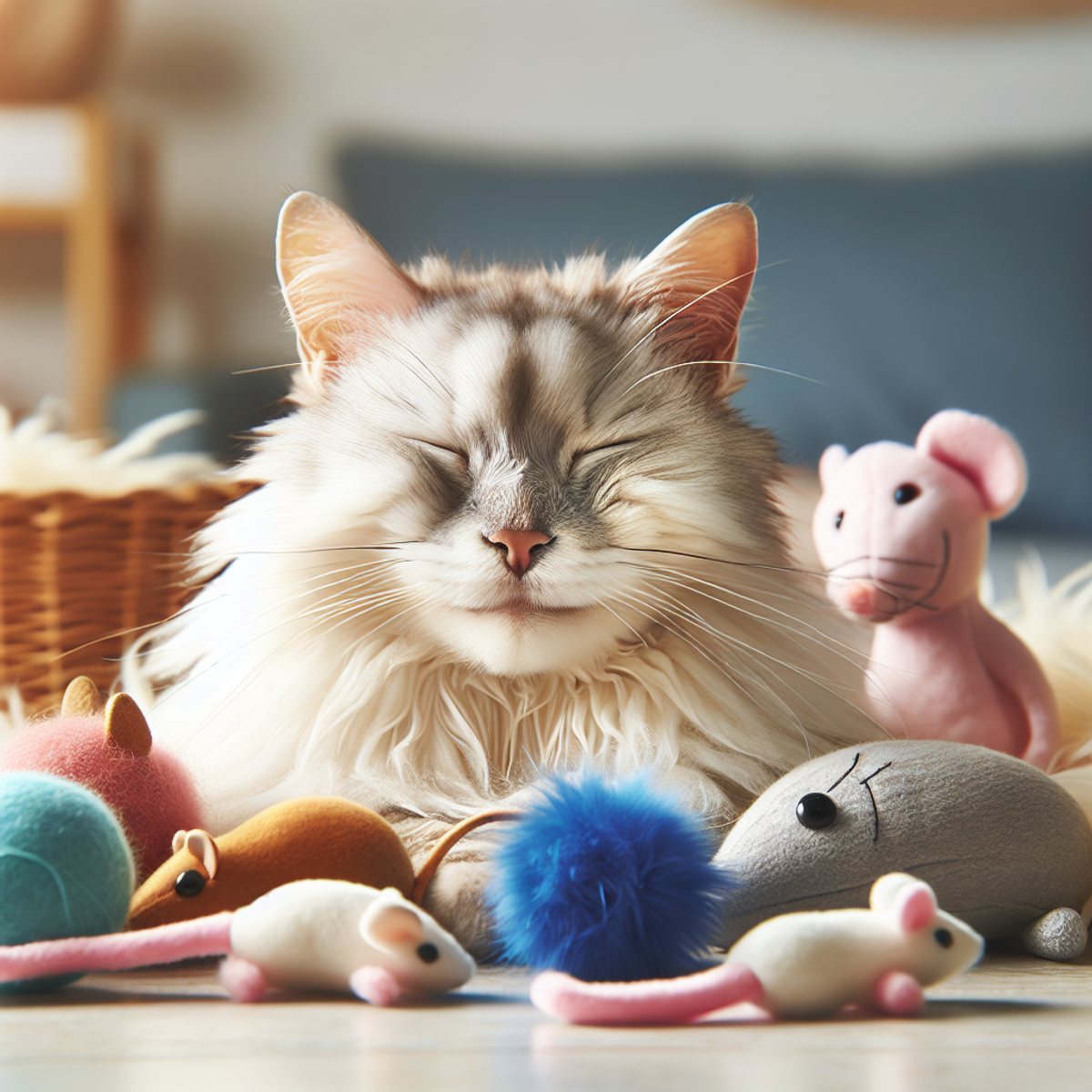 An elderly cat snuggled among plush mice, soft balls, and feather toys, looking content and relaxed.