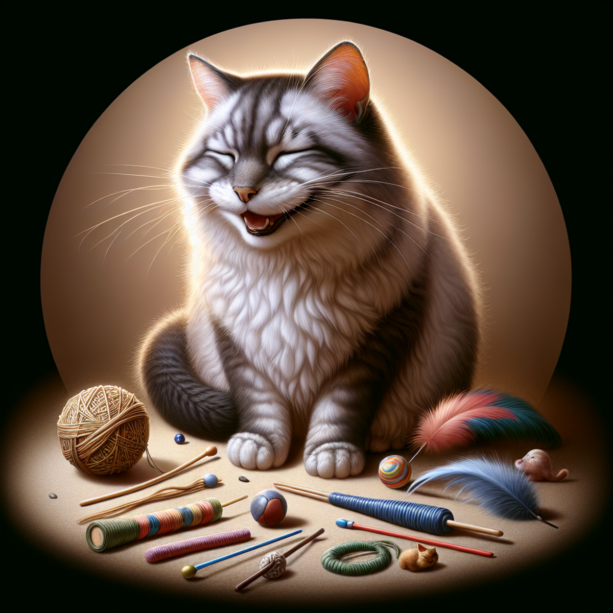 An elderly gray and white cat with a content expression plays with a feather wand, string, and crinkly ball in a cozy home environment.