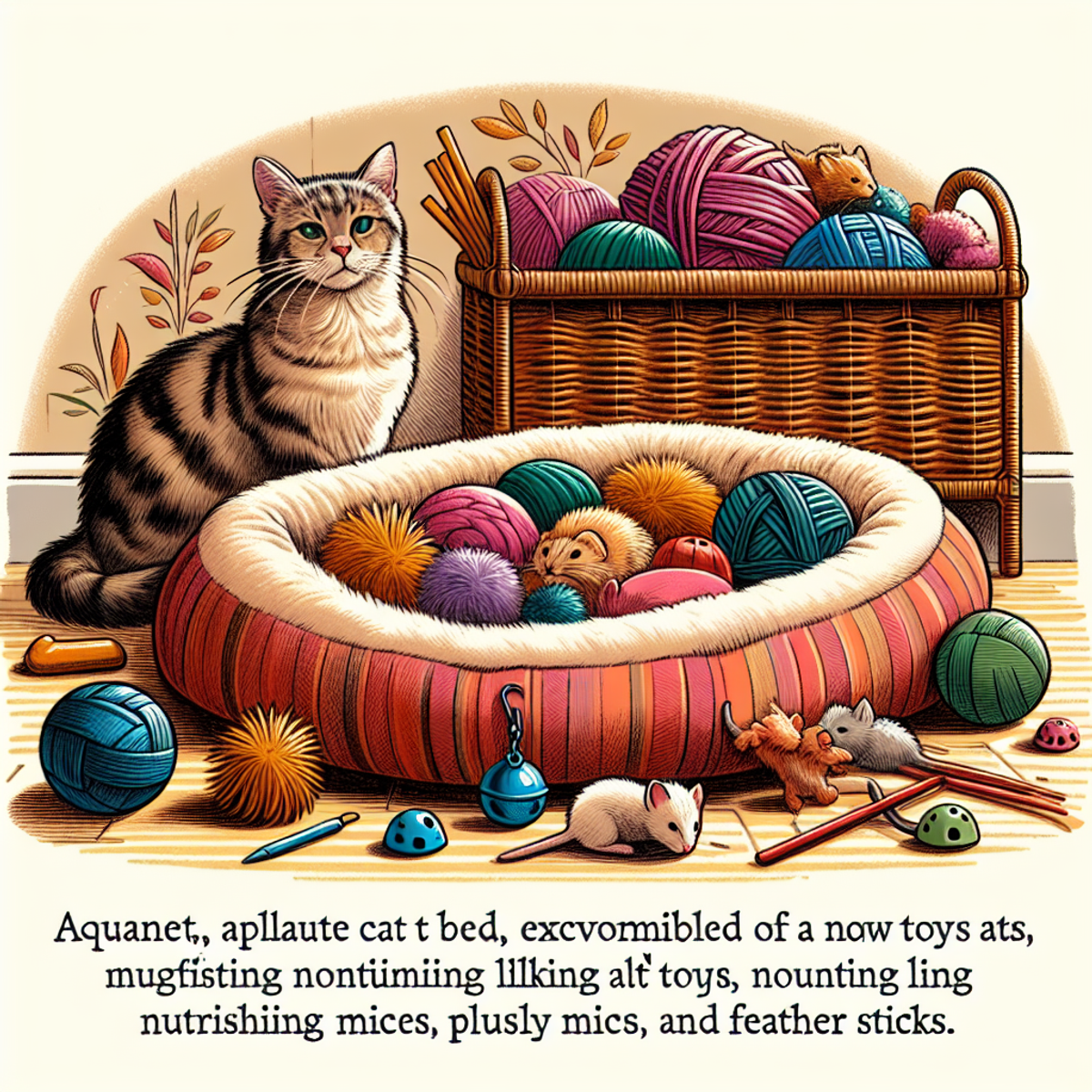 Cozy cat bed surrounded by colorful toys for elderly felines.