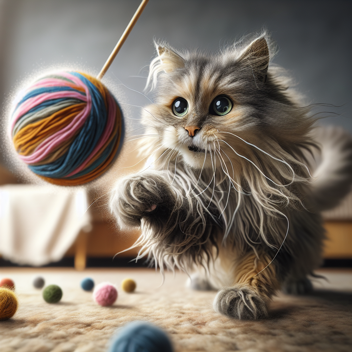 Elderly cat playing with a yarn ball filled with catnip.
