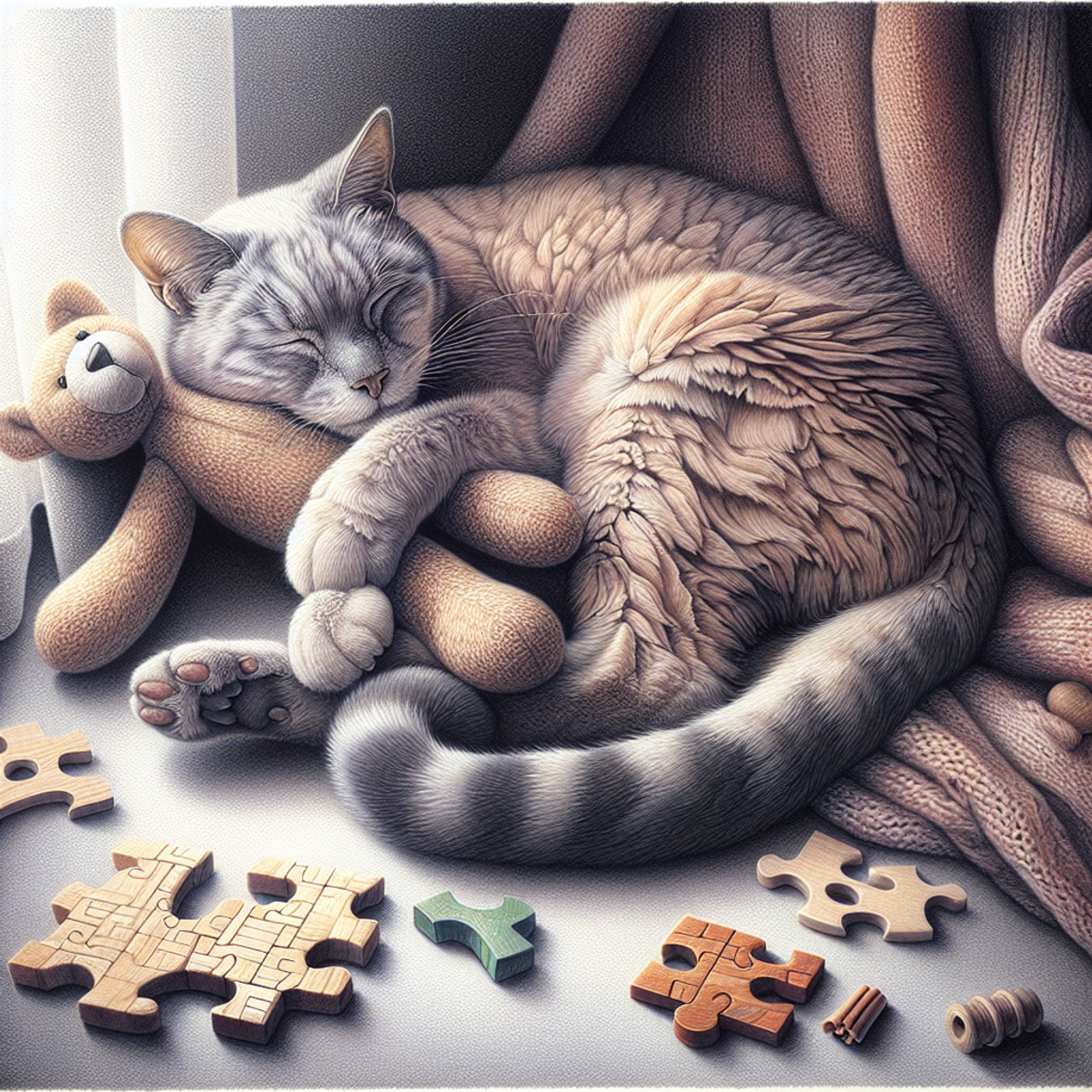 Senior cat snuggled with plush toy amidst puzzle pieces and chew toys