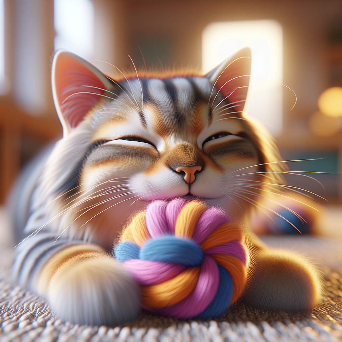 A senior cat playing with a colorful, fabric toy, looking content.