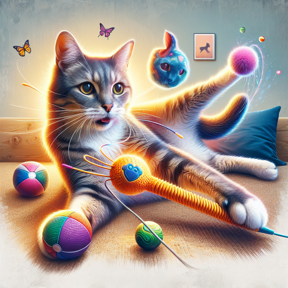 A senior cat plays with a colorful, interactive toy in a cozy home environment.