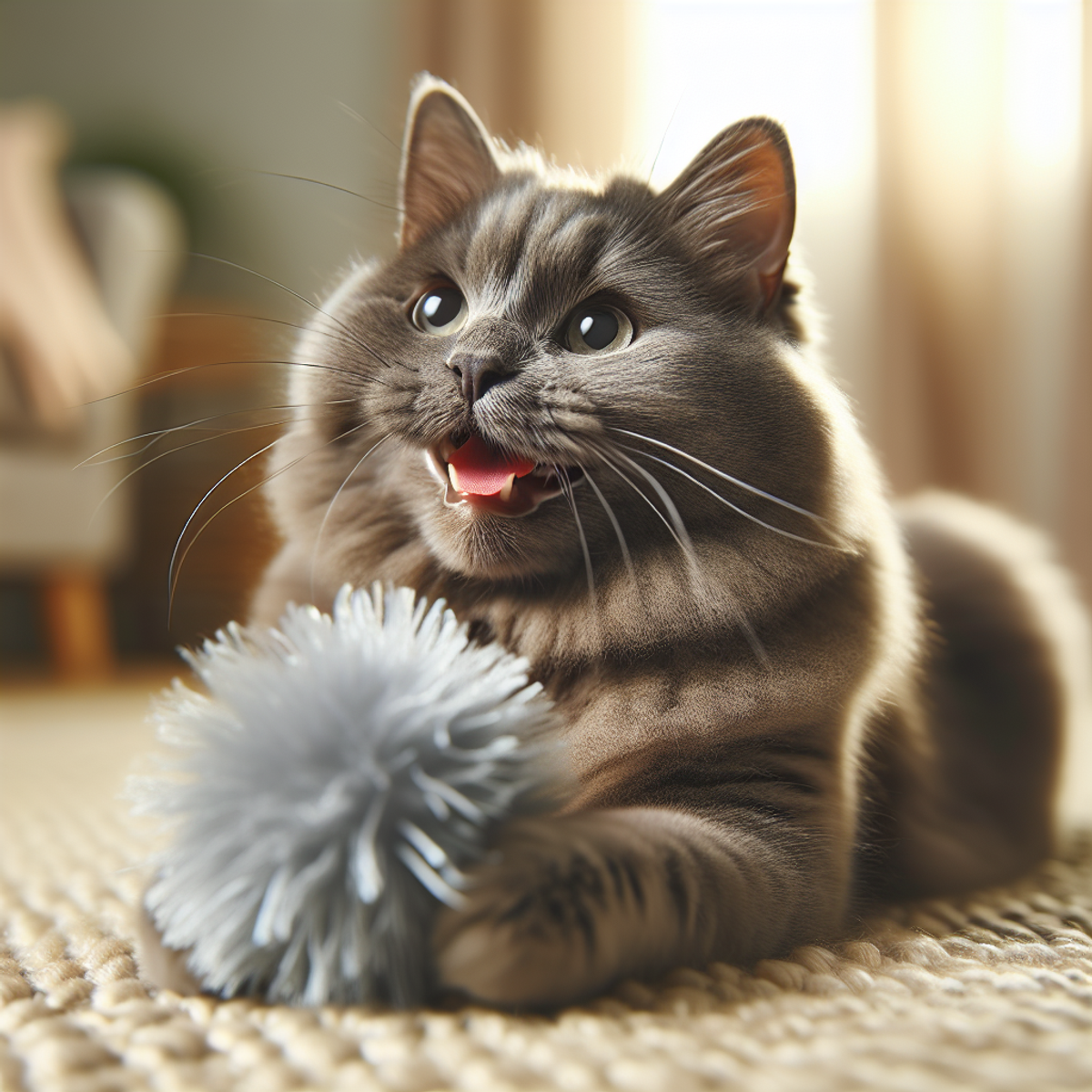 A senior grey cat pouncing on a toy.