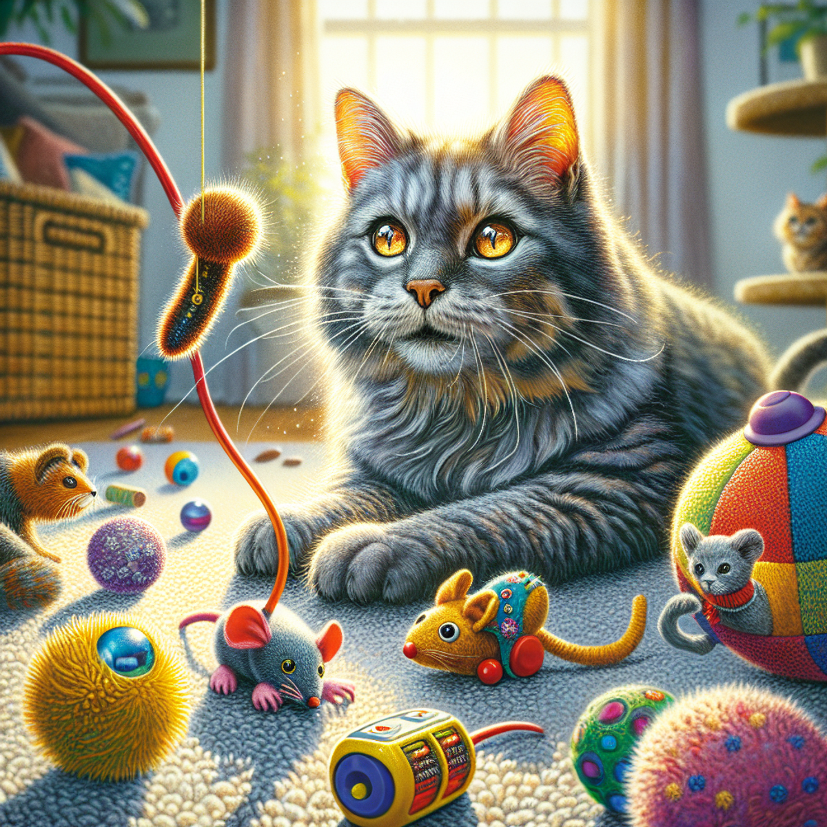 An elderly grey cat with amber eyes playing joyfully with various toys, including plushies, balls with bells, and a motorized toy bug, in natural ligh